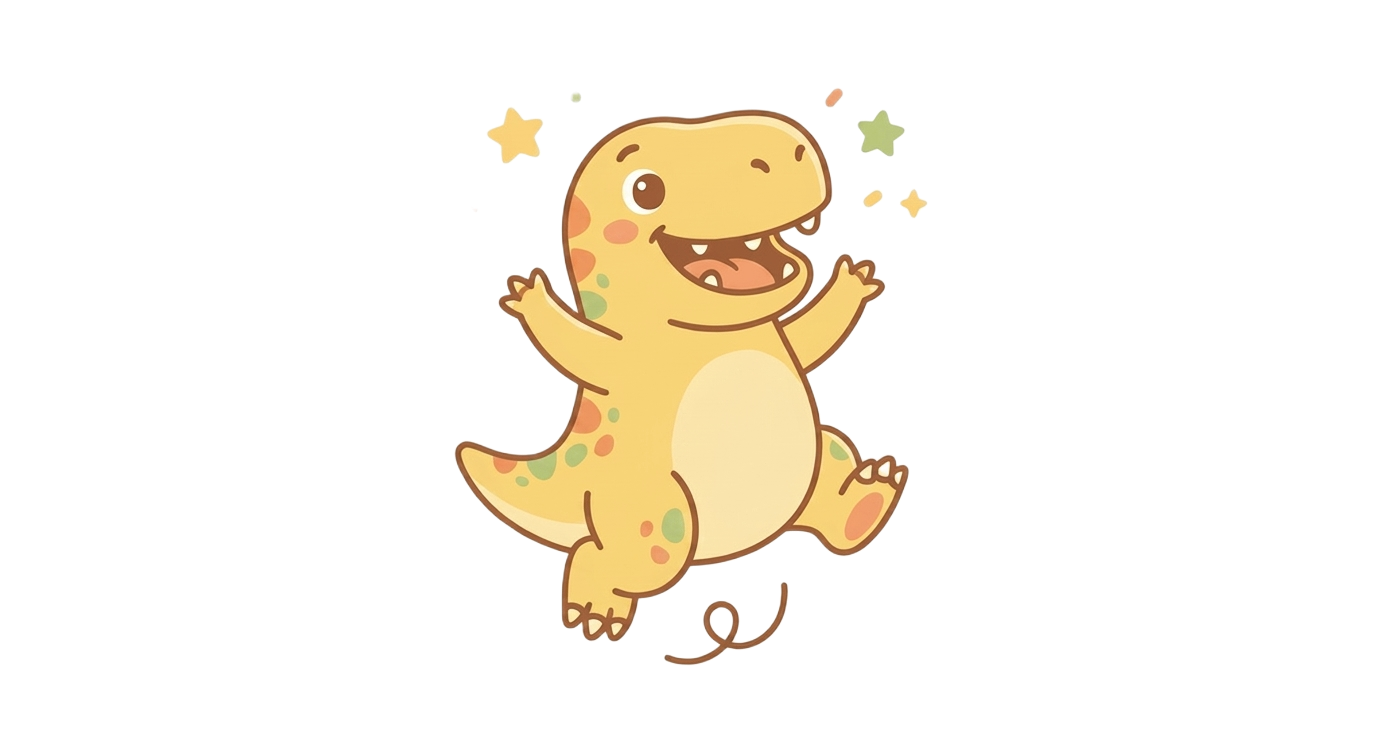 Sparks, a friendly yellow T-Rex, smiling