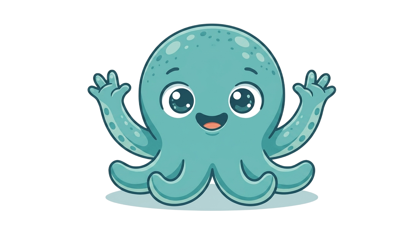 Zee, a teal octopus, smiling and signing